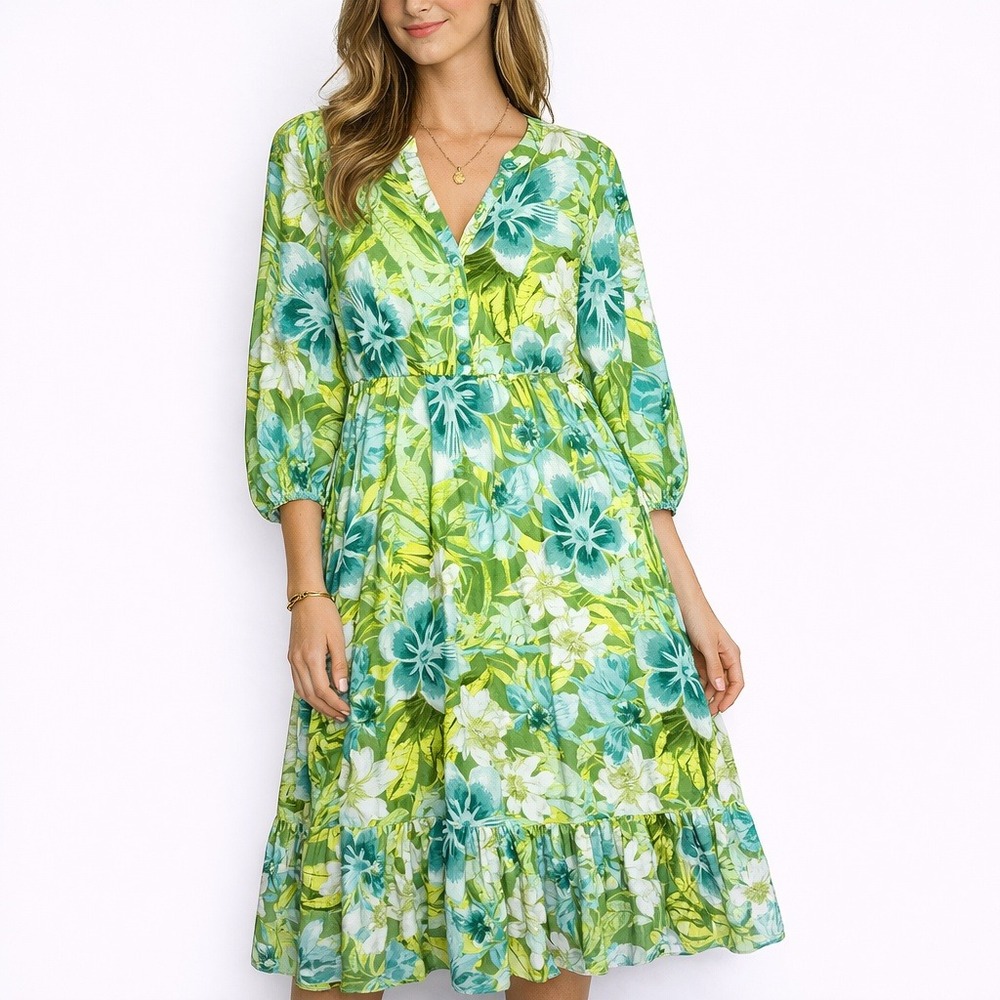 Beautiful by Lawrence Zarian Green Floral Cotton Maxi Dress V-Neck L A646319 - Picture 1 of 7